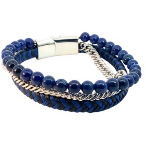 S/STEEL CHAIN LAPIS BLACK BLUE LEATHER BRACELET <br/>15504.22