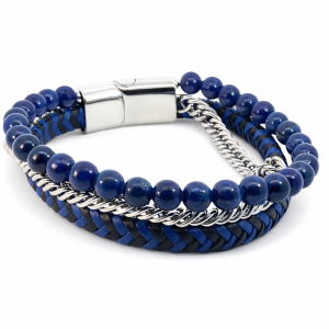 S/STEEL CHAIN LAPIS BLACK BLUE LEATHER BRACELET <br/>15504.22