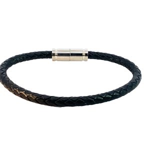 S/STEEL BARREL CLASP BLACK LEATHER BRACELET <br/>15510.22