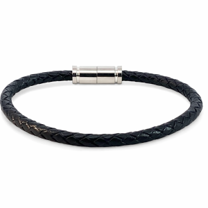 S/STEEL BARREL CLASP BLACK LEATHER BRACELET <br/>15510.22