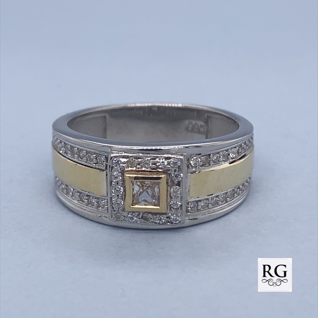 9CT+925 SQ CZ PAVE DRESS BAND RING - 9MM - O
