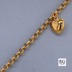 9CT YG HEART ON BELCHER BRACELET - 3MM - 2.2g <br/>5534.19