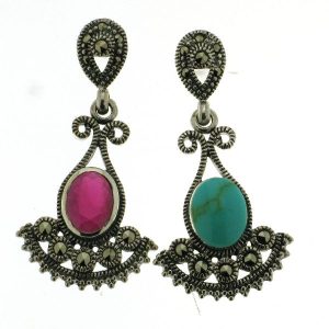 925 OVAL GEMSTONE+MARCASITES FILIGREE EAR - 35X19 <br/>M11853