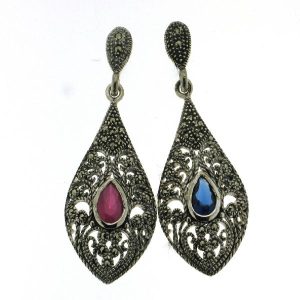 925 T/DROP GEMSTONE+MARCASITE HANG EAR - 48X19 <br/>M11858