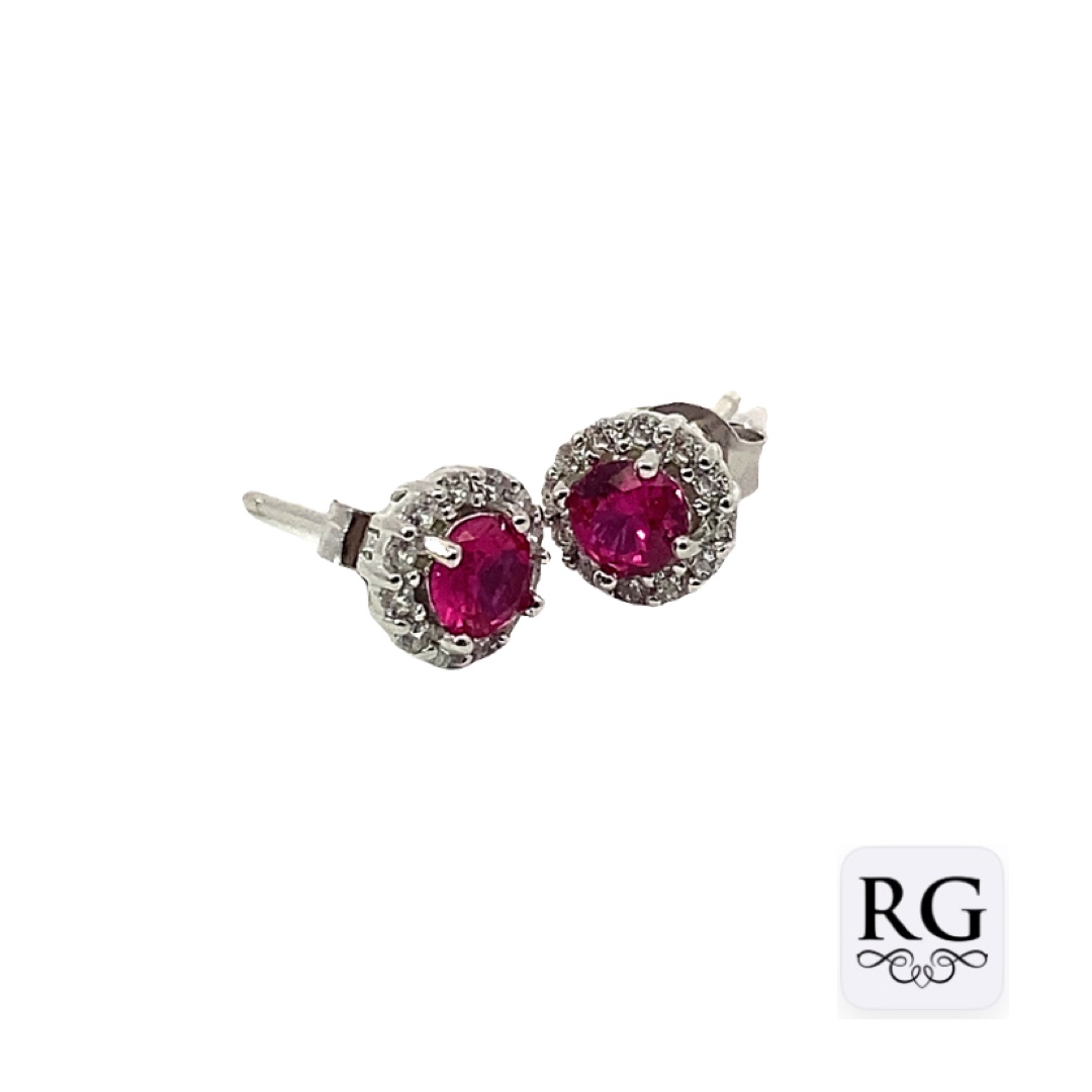 925 WH+RUBY CZ PAVE HALO STUDS - 7MM - 1.24g <br/>M11992R - Image 2