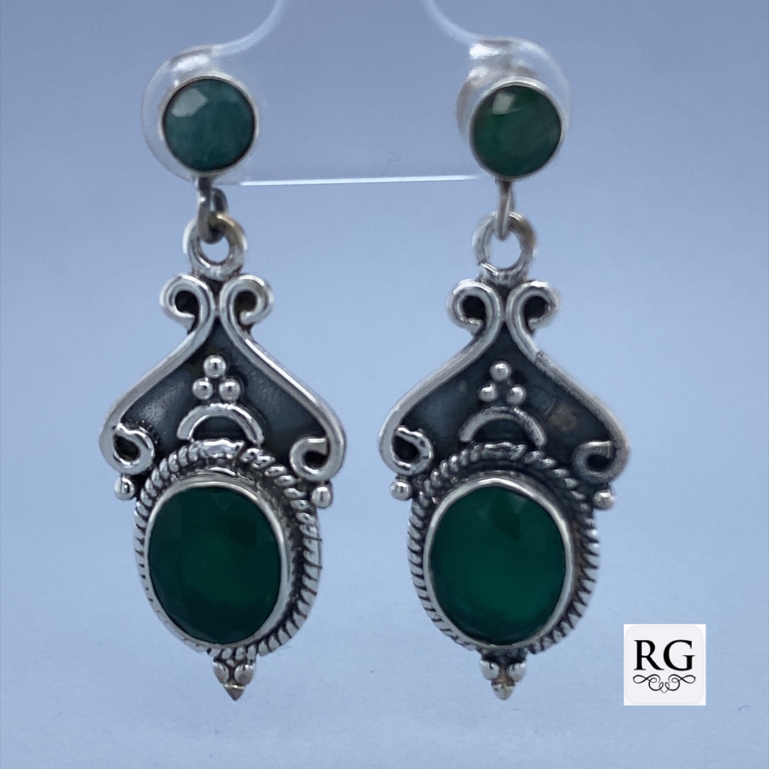 925 OXI GREEN AGATE BOHO DROP EARRINGS - 38X15