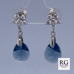 925 CZ PAVE FLOWER+BLUE TDROP SWAROVSKI EAR  26X10 <br/>M12274
