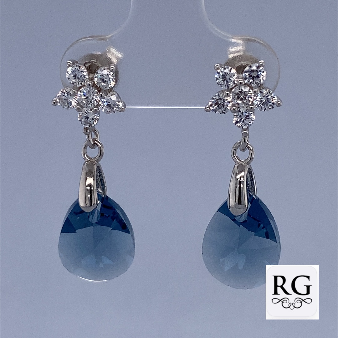 925 CZ PAVE FLOWER+BLUE TDROP SWAROVSKI EAR 26X10 <br/>M12274