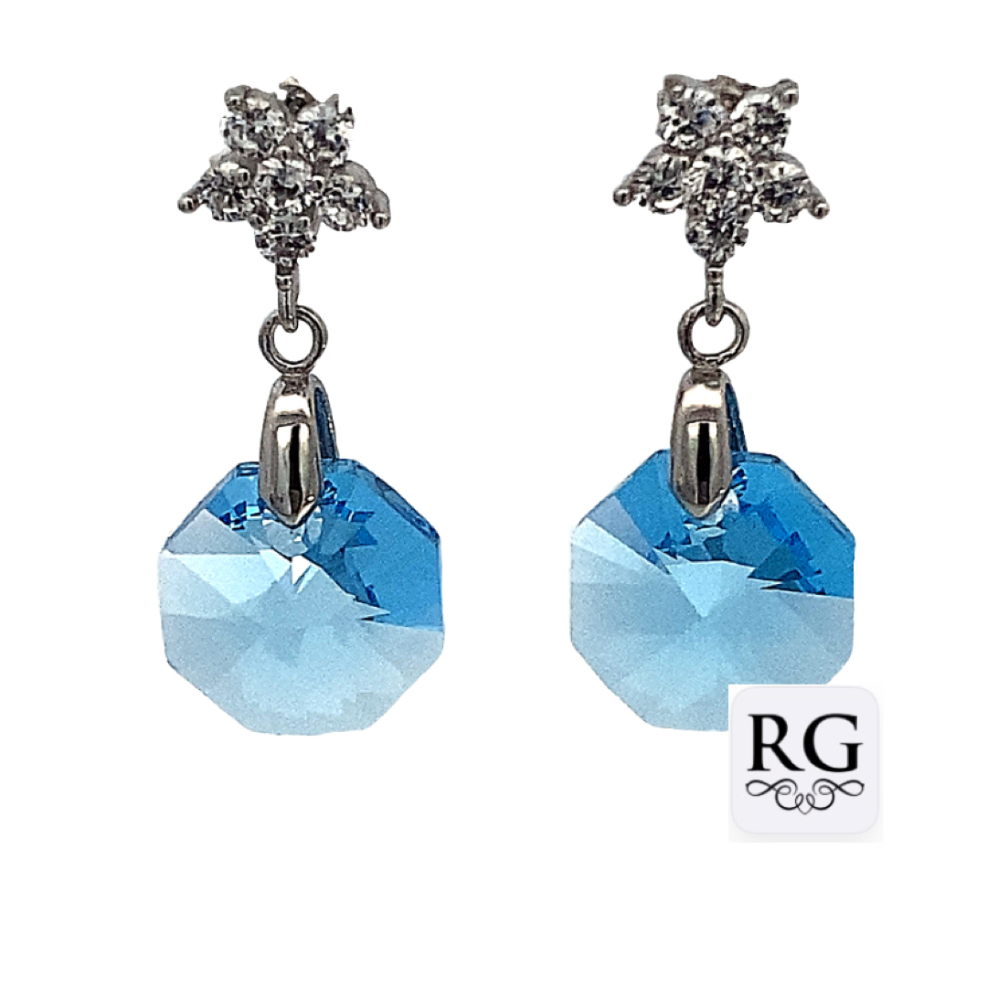 925 CZ PAVE FLOWER BLUE OCTOGON SWAROVSKI EAR <br/>M12520