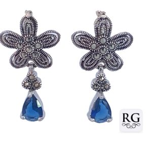 925 OXI MARCASITE FLOWER+T/DROP BLUE CZ EAR 26X15 <br/>M12678