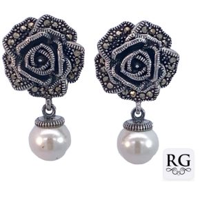 925 OXI MARCASITE ROSE WH BEAD DROP EAR - 28X16 <br/>M12681