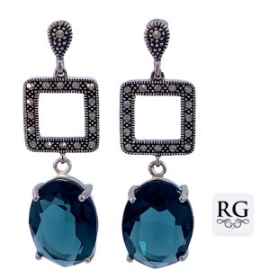 925 OPEN SQ MARCASITE OVAL BLUE CZ DROP EAR  46X14 <br/>M12682