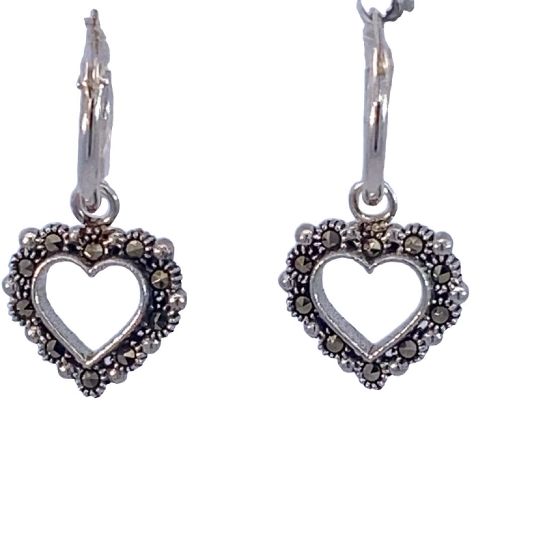 925 MARCASITE OUTLINE HEART SLEEPERS 12X1.3+14X12 <br/>M12683