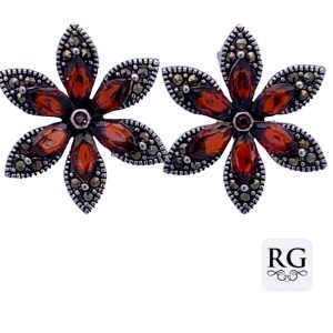 925 GARNET+MARCASITE VINTAGE FLOWER STUDS - 18MM <br/>M12698