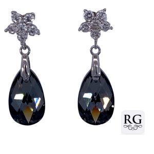 925 CZ PAVE FLOWER TDROP BLACK SWAROVSKI EAR 30X10 <br/>M12741