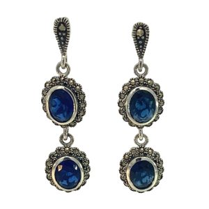 925 DBL OV BLUE CZ+MARCASITE DROP EAR - 42X11 7.5g <br/>M13020B