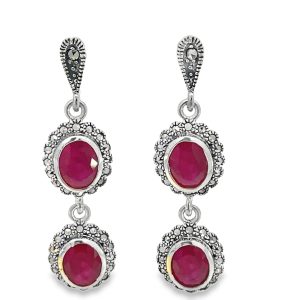 925 DBL OVAL RUBY+MARCASITE DROP EAR - 42X11  8.3g <br/>M13020R