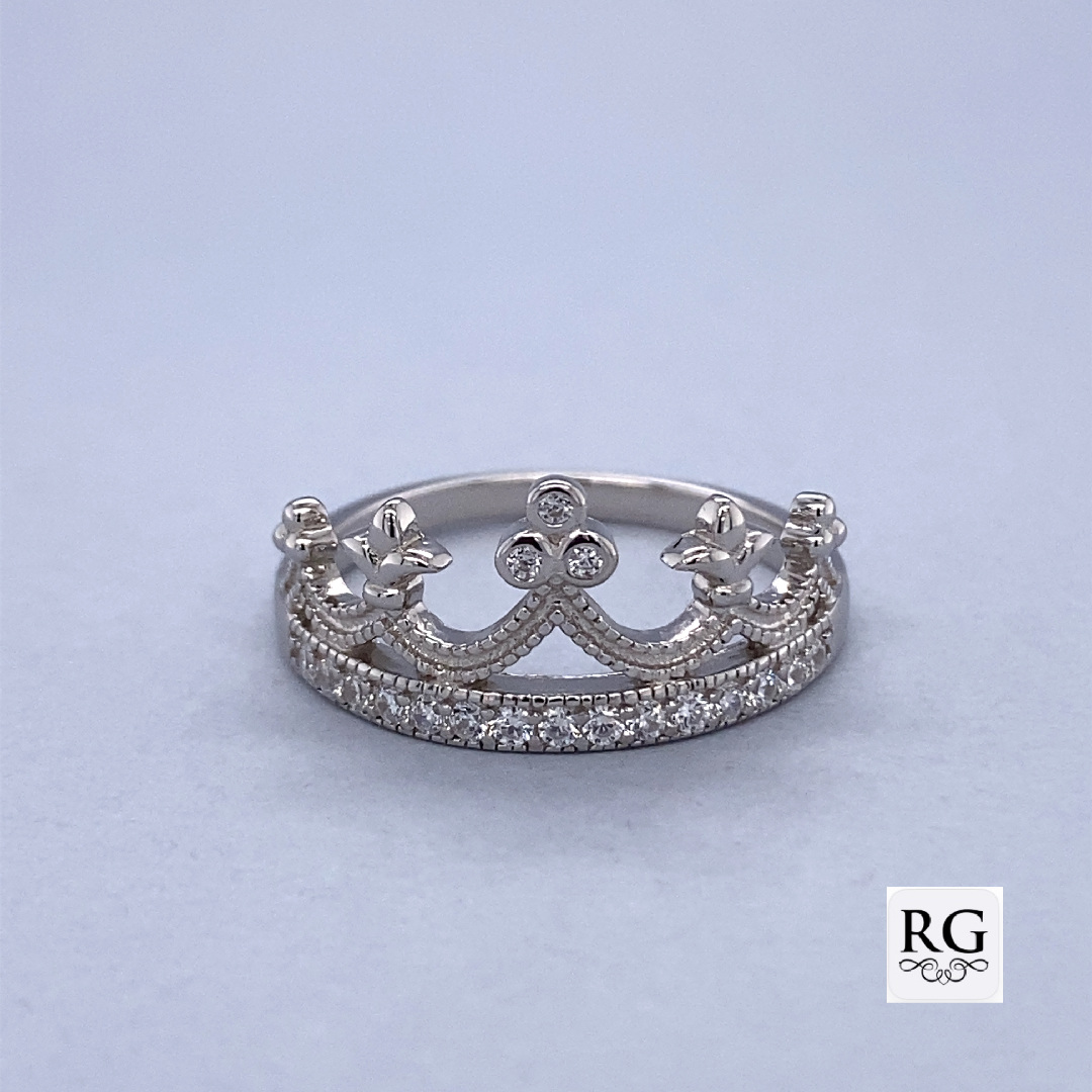 925 CZ PAVE MILLGRAIN CROWN RING - 11MM <br/>M13530