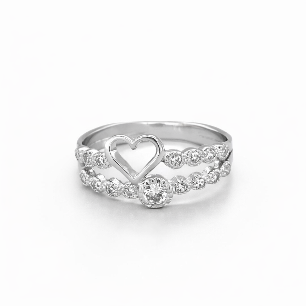 925 CZ PAVE HEART DBL BAND RING - 8MM <br/>M13548