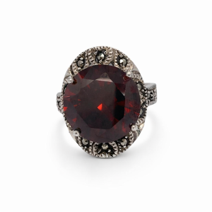 925 RND GARNET CZ+MARCASITES VINTAGE RING <br/>M13611