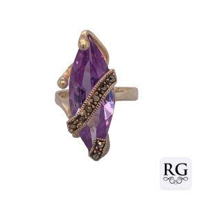 925 MARQUISE CUT PURPLE CZ+MARCASITE VINTAGE RING <br/>M13635