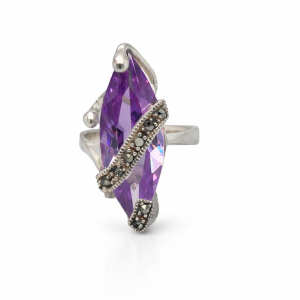925 MARQUISE CUT PURPLE CZ+MARCASITE VINTAGE RING <br/>M13635