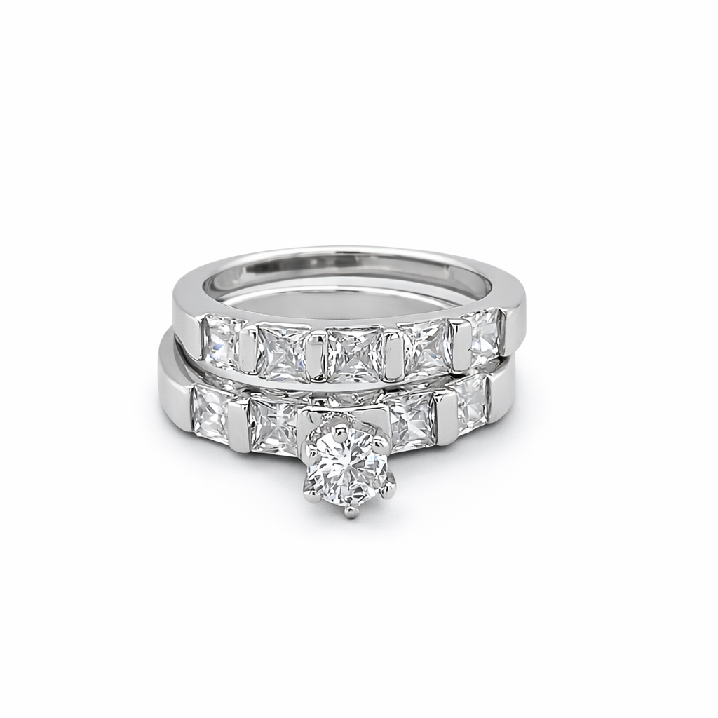 925 RND+SQ CZ BAR SET WEDDING SET RING - 6MM <br/>M13709