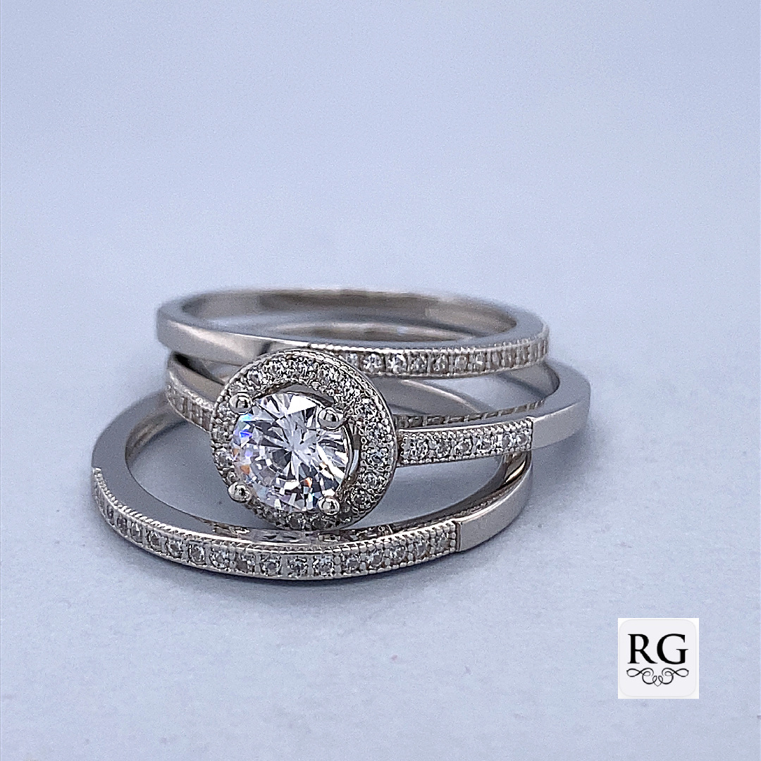 925 CZ PAVE MILLGRAIN TRIP WEDDING SET RING