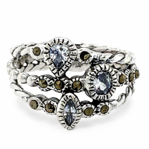 925 OXI RND+PEAR+MARQ CZ MILLGR TRIP ROPE RING  <br/>M13746