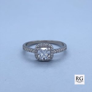 925 SQUARE CZ PAVE SOLITAIRE HALO RING - 8MM <br/>M13825