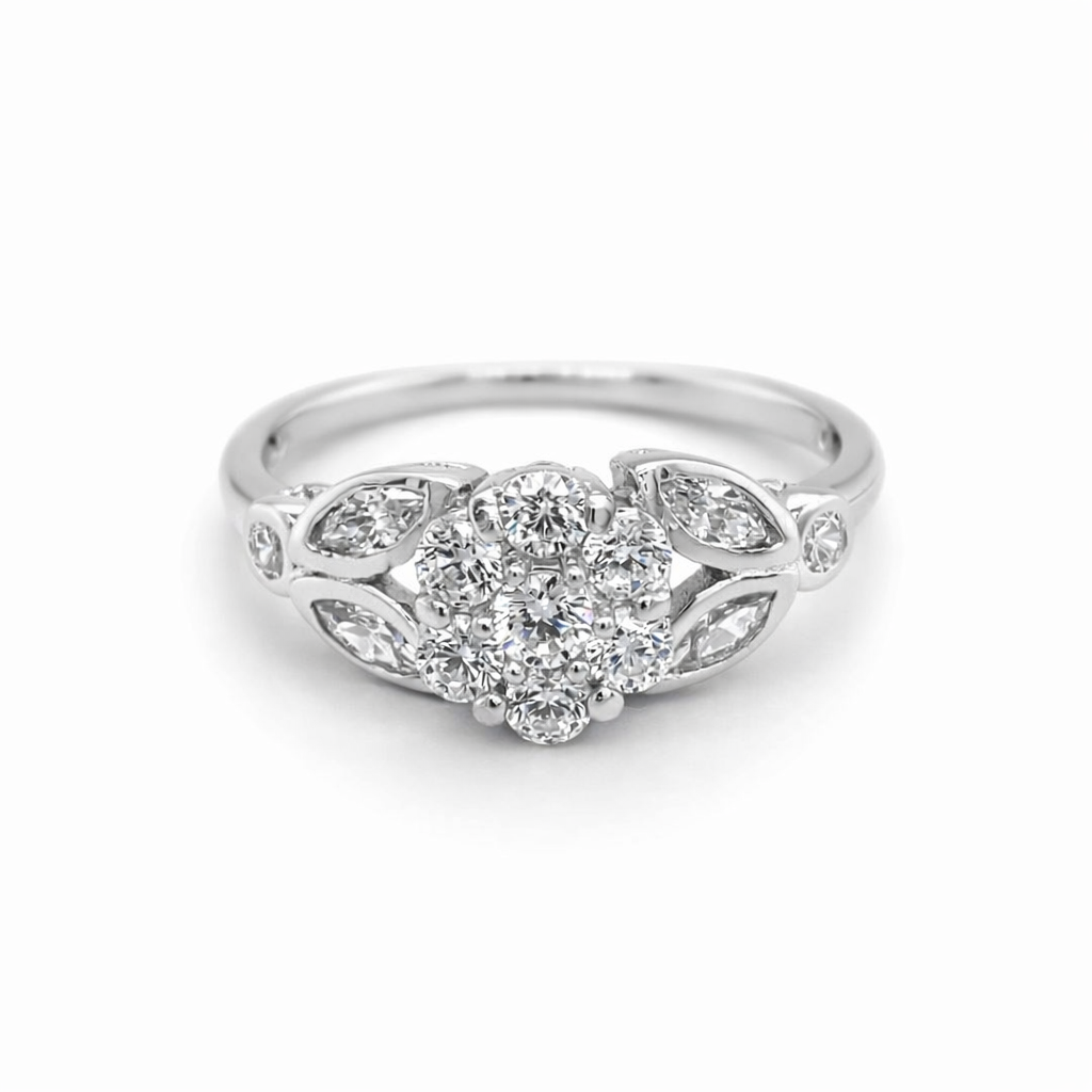 925 CZ PAVE FLOWER+LEAF RING - 8MM <br/>M13866
