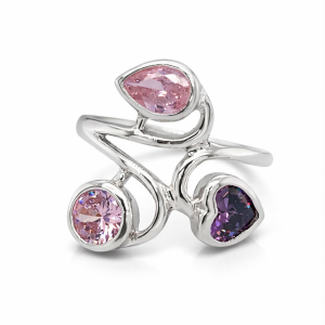 925 PINK+PURPLE RND+HEART+T/DROP CZ RING - 18MM <br/>M13902
