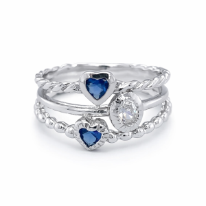 925 D BL+WH HEART+OVAL CZ ROPE+BEAD RING - 12MM <br/>M13904