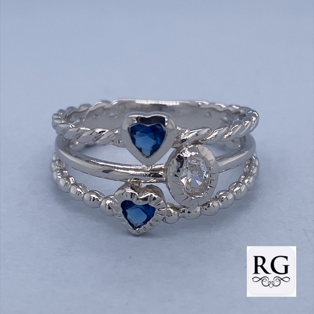 925 D BL+WH HEART+OVAL CZ ROPE+BEAD RING - 12MM <br/>M13904