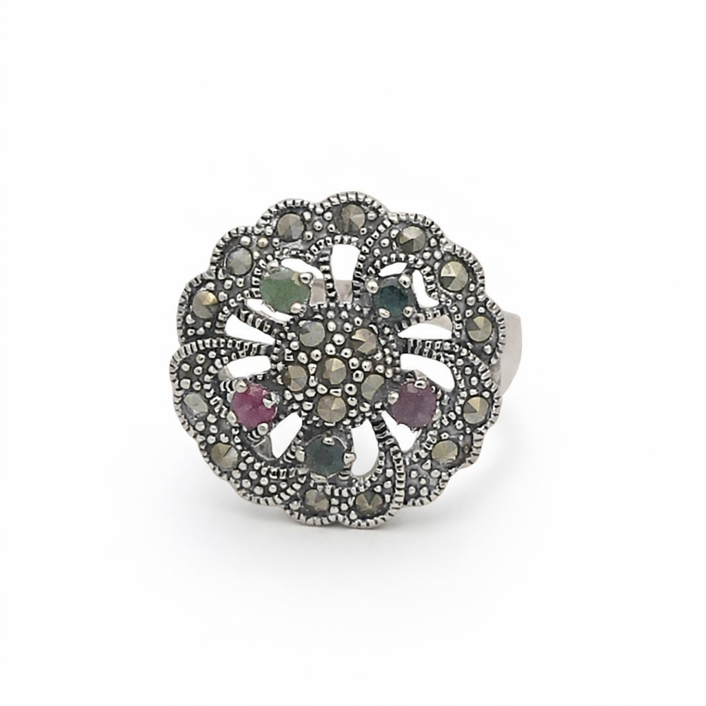 925 OXI MARC+MULTI COL GEMSTONE RND VINTAGE RING <br/>M13967