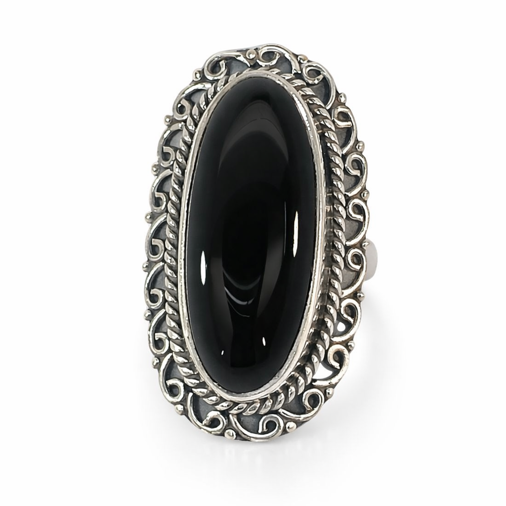 925 OXI OVAL ONYX FILIGREE BOHO RING - 38MM <br/>M13977
