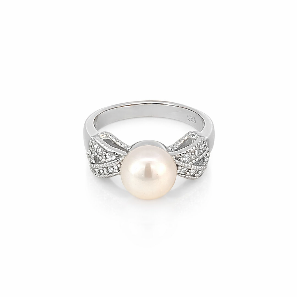 925 WH FW PEARL CZ PAVE BOW RING - 8MM <br/>M13999
