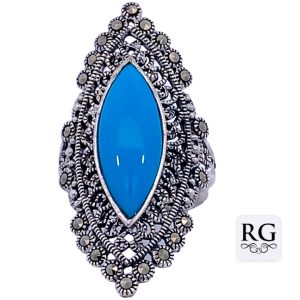 925 MARQUISE VINTAGE MARCASITE TURQ RING  <br/>M14034