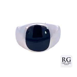 925 CUSHION BLACK AGATE MENS SIGNET RING - 14MM <br/>M14040