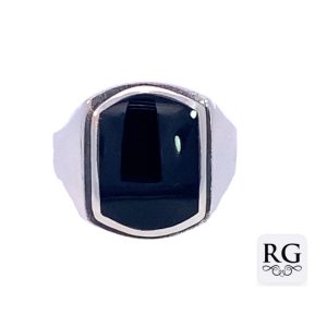 925 CUSHION BLACK AGATE MENS SIGNET RING - 17MM <br/>M14041