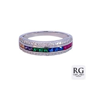 925 MULTI COLOR SQ CENTRE CZ PAVE RING - 6MM <br/>M14049