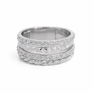 925 CZ PAVE+DIA CUT+ROPE 4 BAND RING - 10MM <br/>M14105