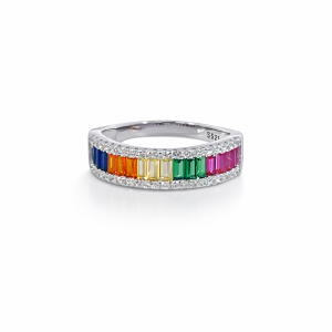 925 MULTI COLOR BAGUETTE CENTRE CZ PAVE RING - 6MM <br/>M14137