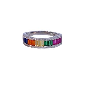 925 MULTI COLOR BAGUETTE CENTRE CZ PAVE RING - 6MM <br/>M14137