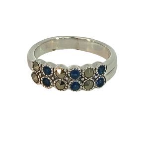 925 BLUE+MARCASITE DBL MILLGRAIN CIRCLES RING  6MM <br/>M14172