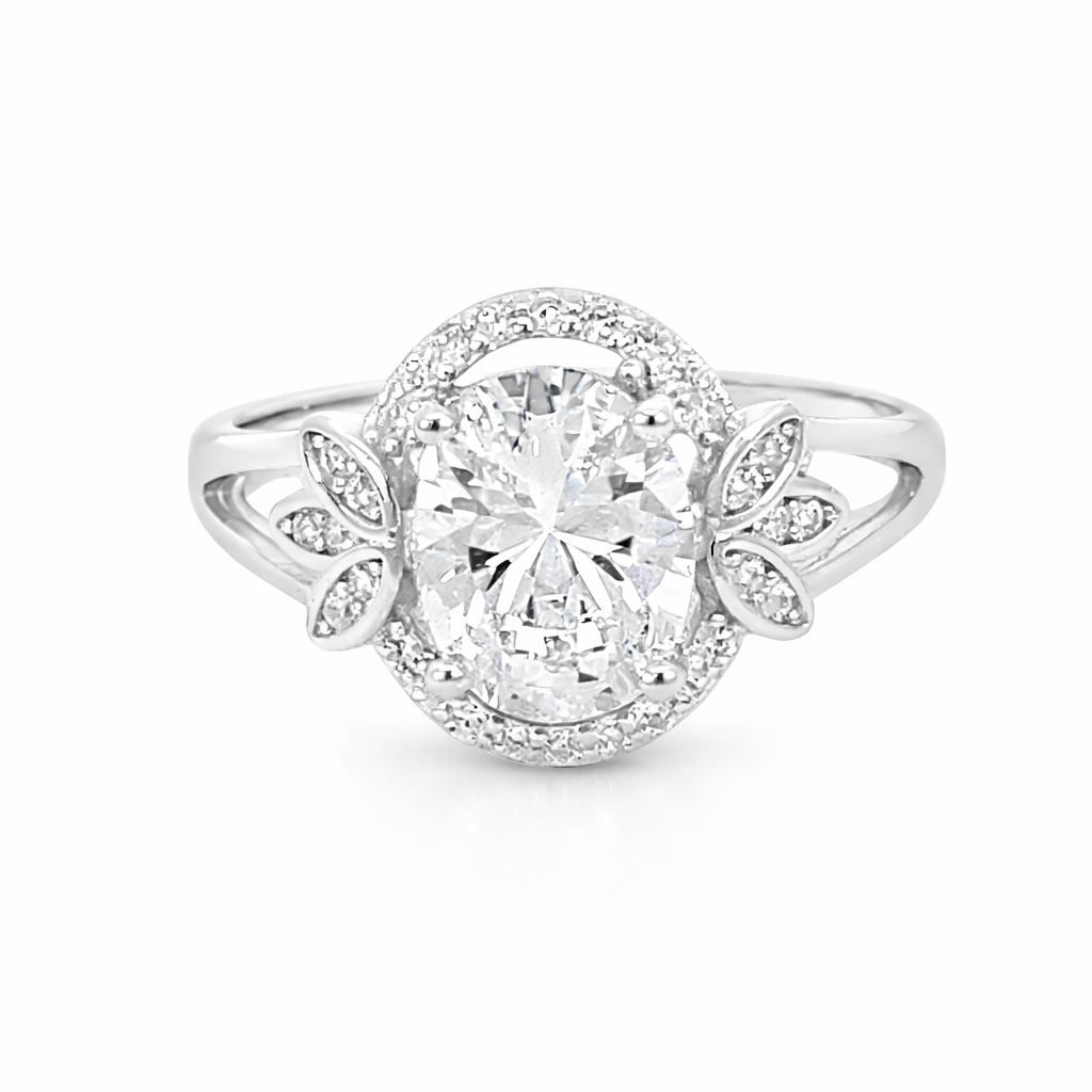 925 OV CZ PAVE HALO TRIP LEAF ON SHANK RING - 13MM <br/>M14184
