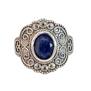 925 OVAL BLUE AGATE ETCHED VINTAGE RING - 20MM <br/>M14217