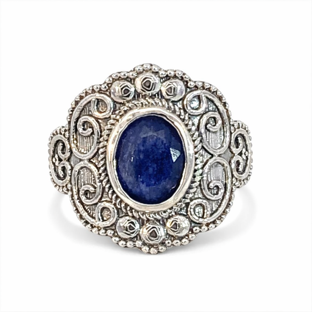 925 OVAL BLUE AGATE ETCHED VINTAGE RING - 20MM <br/>M14217