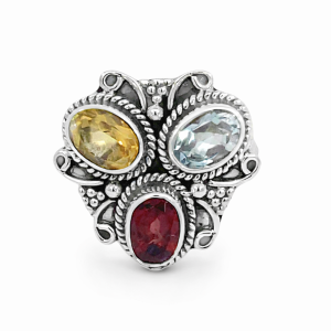 925 TRIP OVAL MULTI COL GEMSTONE BOHO RING - 18MM <br/>M14240