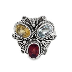 925 TRIP OVAL MULTI COL GEMSTONE BOHO RING - 18MM <br/>M14240